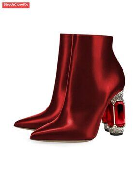 Pointed Toe Crystal Chunky Block Heel Ankle Boots Side Zipper Synthetic